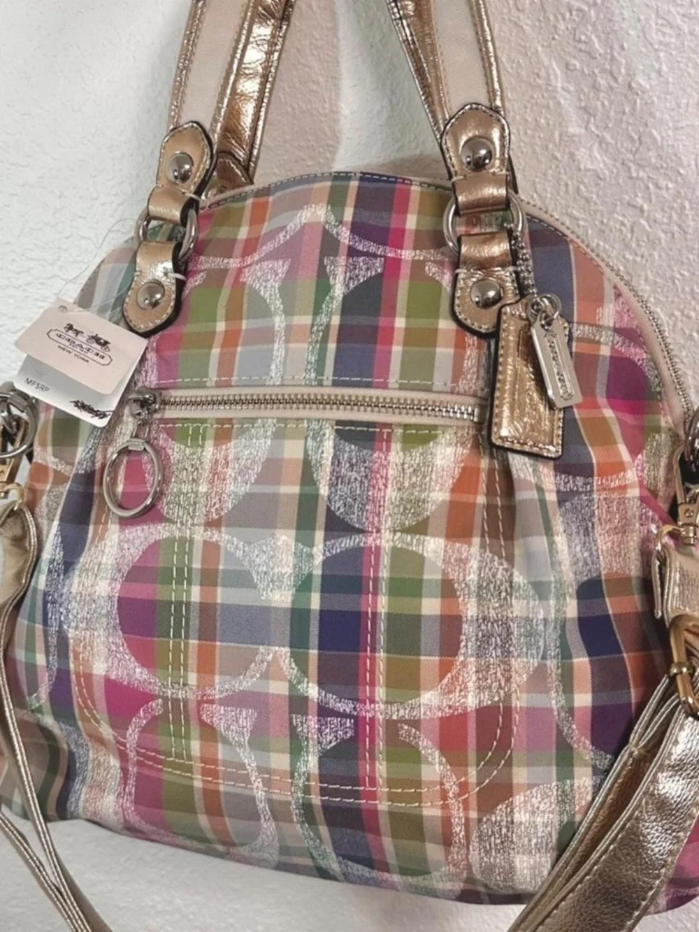 NWT Vintage Coach 2010s Signature Poppy Madras Tartan Plaid Multicolor Satchel